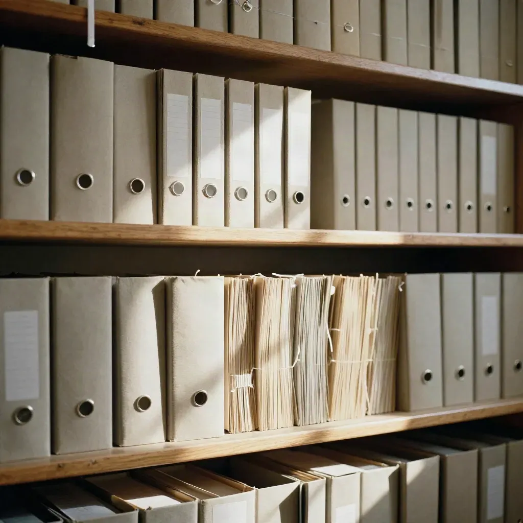 Scatole archivio e cartelline ordinate su ripiano in legno chiaro